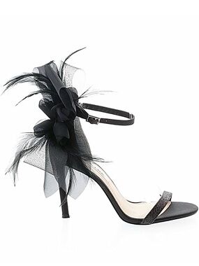 NINA ~ Black Feather Detail Ankle-Strap Stiletto Glitter Peep Toe Sandals